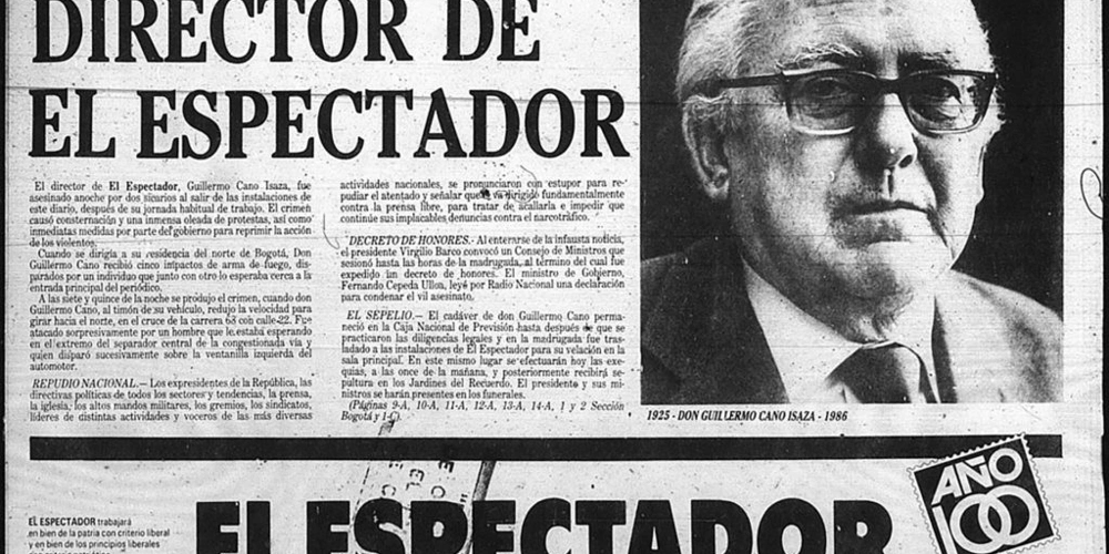 Το εξώφυλλο της «El Espectador», την επομένη από τη δολοφονία του Γκιγιέρμο Κάνο από τον Πάμπλο Εσκομπάρ